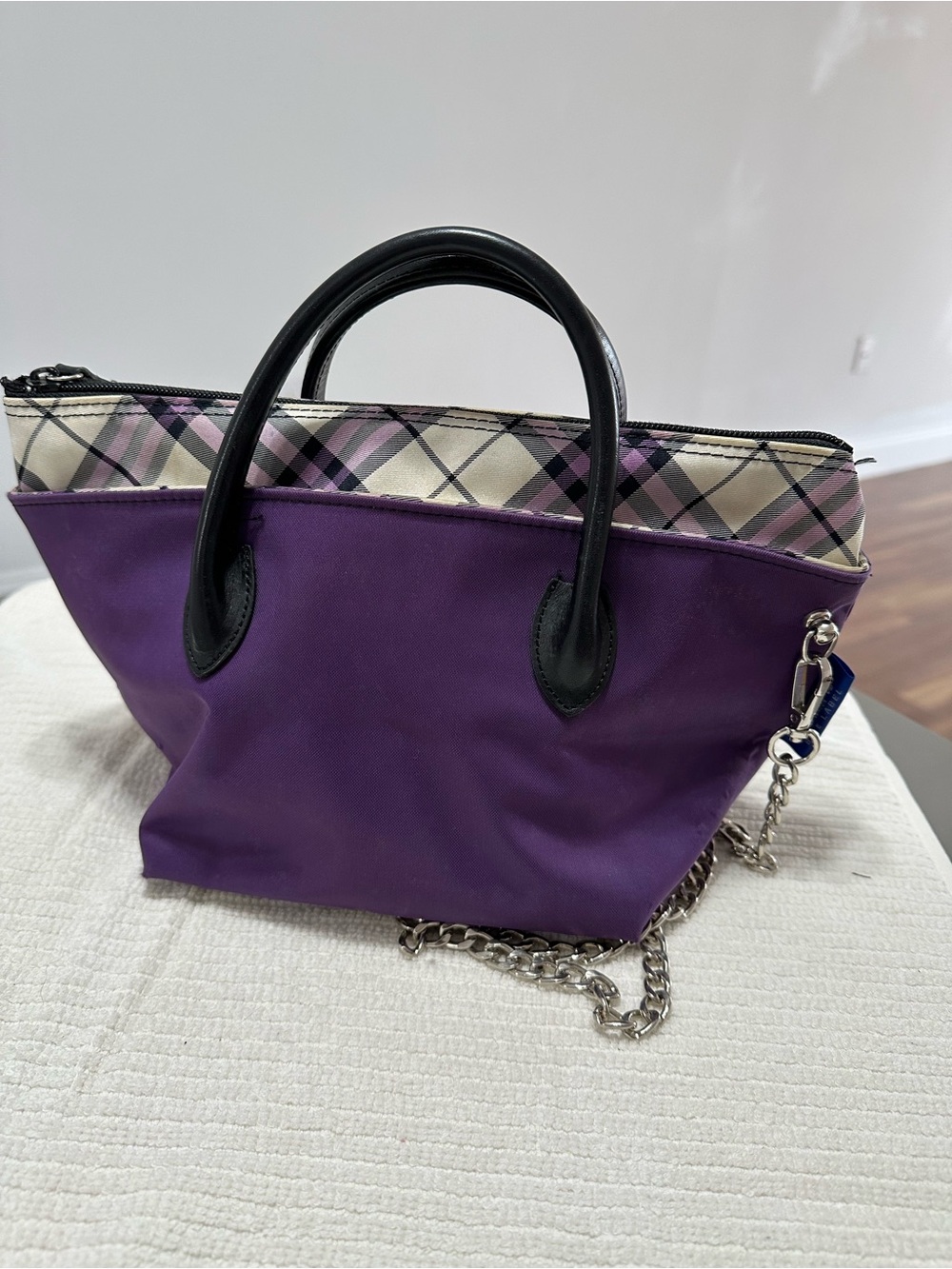Burberry Purple Nylon Tote with Plaid Trim and Silver Chain